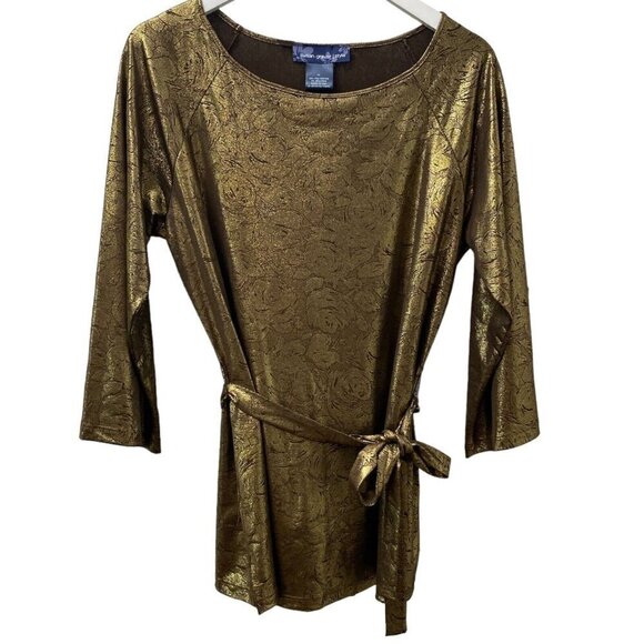 SUSAN GRAVER Womens Top Medium Gold Metallic Stretch Tunic 3/4 Sleeve w/ Belt - Picture 3 of 10